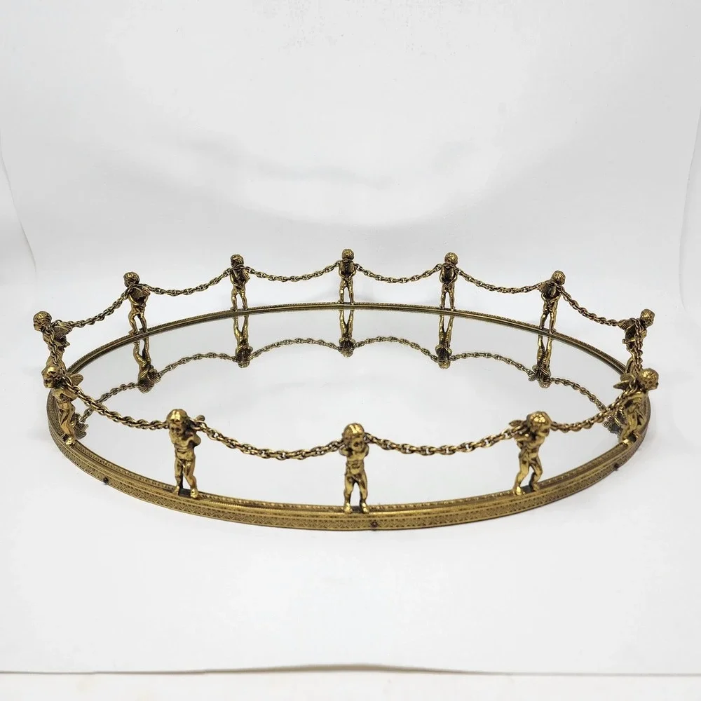 Vtg Globe 24K Gold Plated 12-Cherub Mirrored Vanity Tray Oval Ornate Putti Chain
